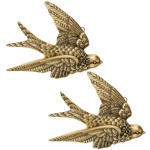 2 Pcs Vintage Bird Wall Sculpture Decor Art 4.7 Inch Antique 3D Sculpted Hanging Bird Resin Wall Art Golden Brass Floating Ornament for Living Room Garden Outdoor, Valentine's Day Gifts for Couples | Amazon (US)