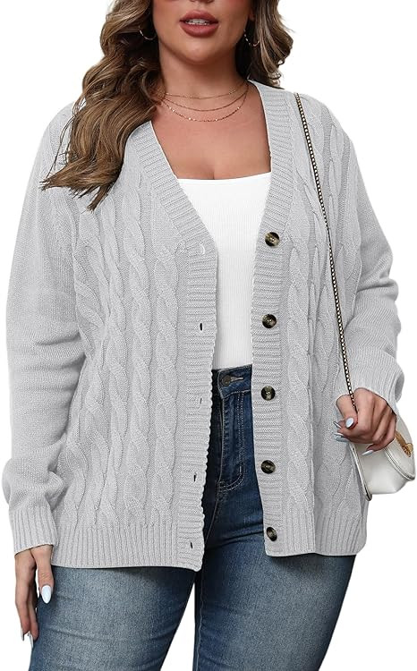 POSESHE Women's Plus Size Open Front Cardigan Sweaters Fashion Button Down Cable Knit Chunky Outw... | Amazon (US)