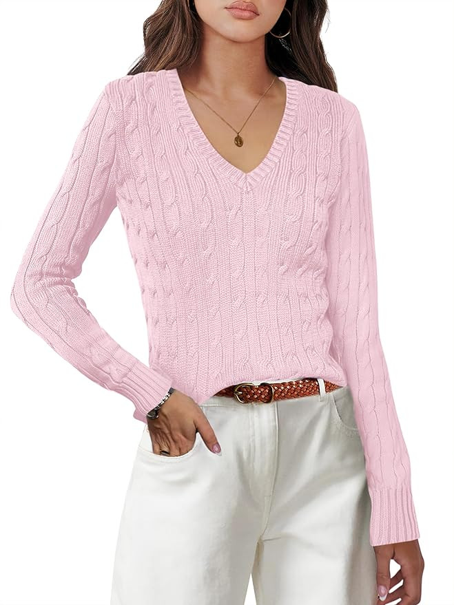 ANRABESS Women's Long Sleeve V Neck Cable Knit Sweater Jumper 2025 Spring Pullover Top Cute Soft ... | Amazon (US)