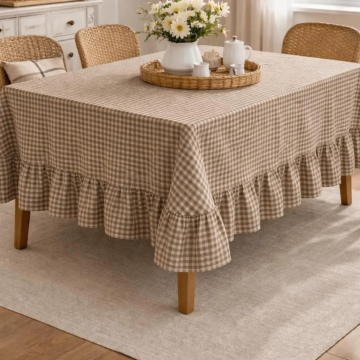 Farmhouse Beige Gingham Ruffled Tablecloth, Cottage Plaid Dining Table Cover With Ruffle Edge 56"... | Wayfair North America