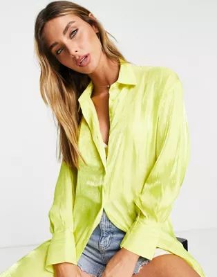 ASOS DESIGN oversized metallic shirt with volume sleeve and deep cuff in lime | ASOS (Global)