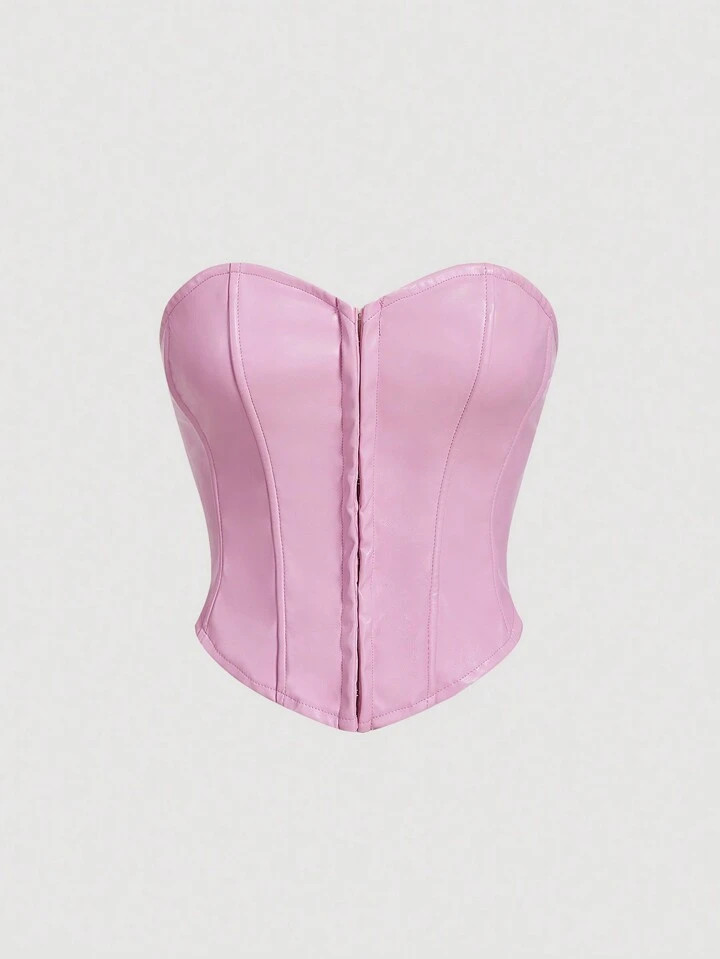 SHEIN MOD Solid PU Leather Bustier Tube Brown Breast Cup Waist Shaping Corset Top | SHEIN