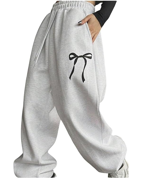 SweatyRocks Women's Wide Leg Sweatpants Baggy Bow Graphic Drawstring Waist Jogger Sweat Pants wit... | Amazon (US)