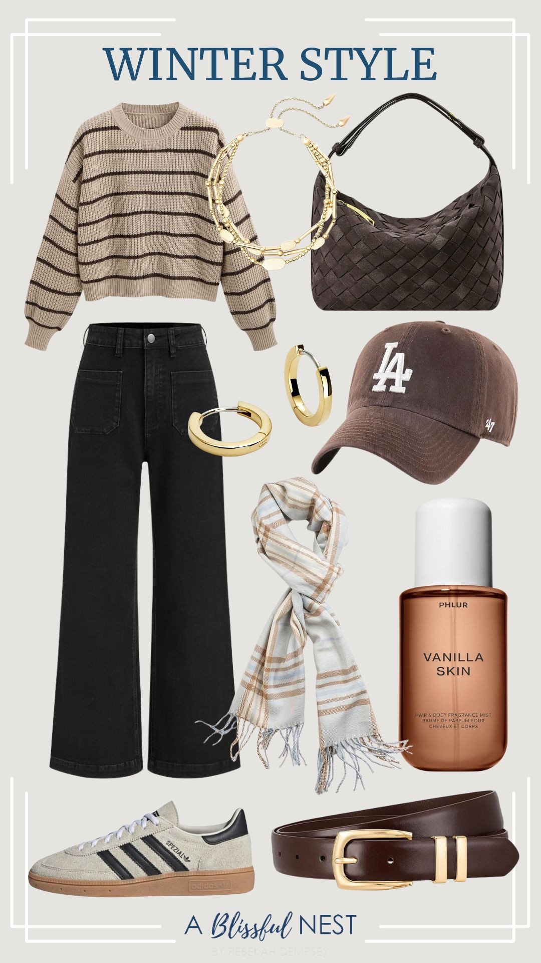 Warm tones and clean lines are always a winter win. Find it here.
suede leather handbag, New York Yankees Branson cap, leather belt, Adidas Samba, hoop earrings, Vanilla Skin body mist, classic cashmere winter scarf, beaded bracelet, wide leg jeans, cropped striped sweater 

 #LTKootd #LTKSeasonal #LTKMidsize