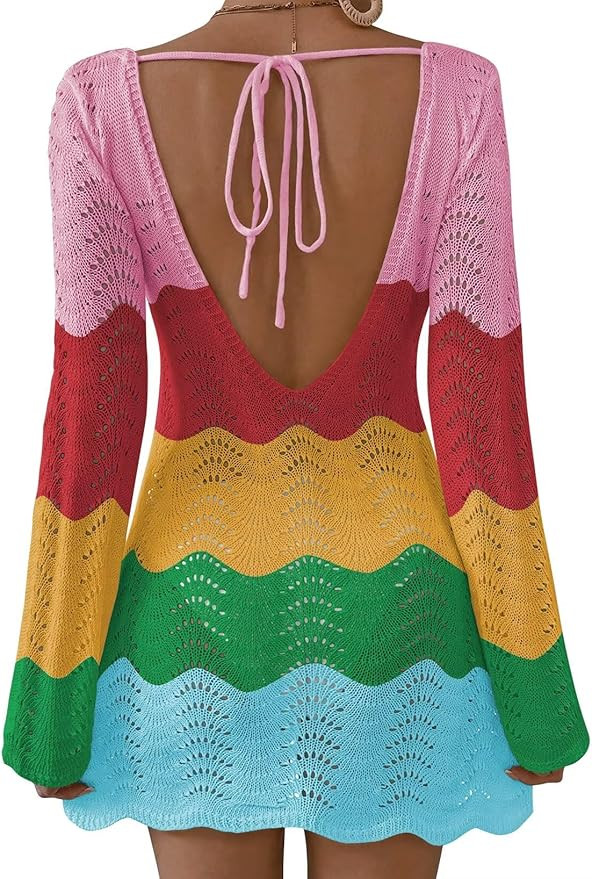 Womens Swimsuit Cover Up Long Sleeve Crochet Bathing Suit Mesh Backless Cover Ups Summer Beach Va... | Amazon (US)