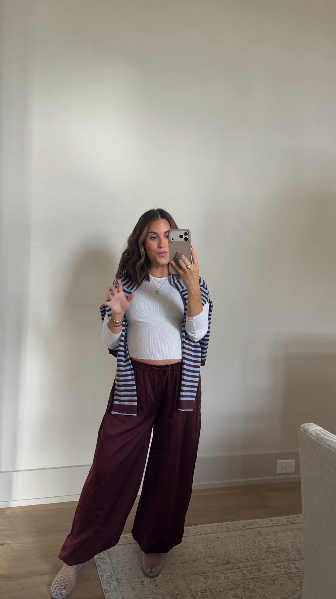 Casual weekend outfit! Wearing an xs in these satin balloon pants (this color!!), small in ribbed tee, & small in cardigan. I just draped it over my shoulders as an extra layer. I thought these slip on jellies matched the blue in the cardigan, but you could also do a casual sneaker. Slides currently $34 (reg $90). 

These pants can easily be dressed up with a kitten heel + nice top. 

Currently 38 weeks pregnant. Maternity, bump friendly, pregnant

#LTKmomlife #LTKootd #LTKBump