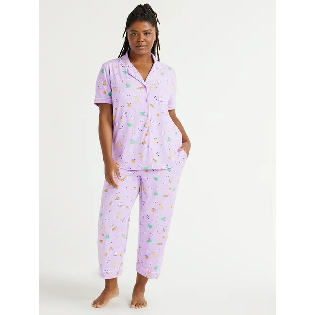 Joyspun Women's Knit Short Sleeve Notch Collar Top and Capri Pajama Set, 2-Piece, Sizes S to 3X | Walmart (US)