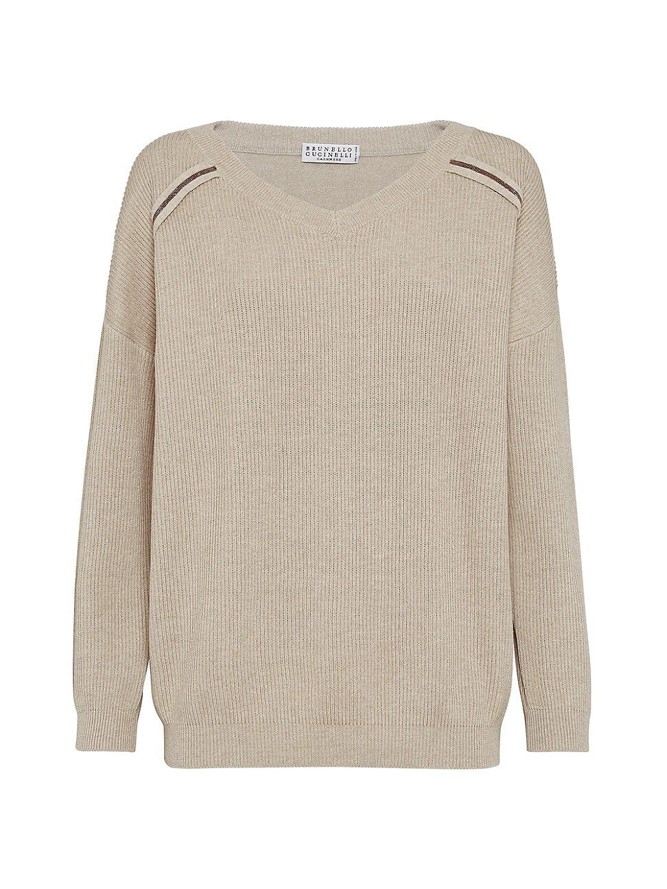 Women's Cotton English Rib Sweater With Shiny Stripes - Beige - Size Medium | Saks Fifth Avenue