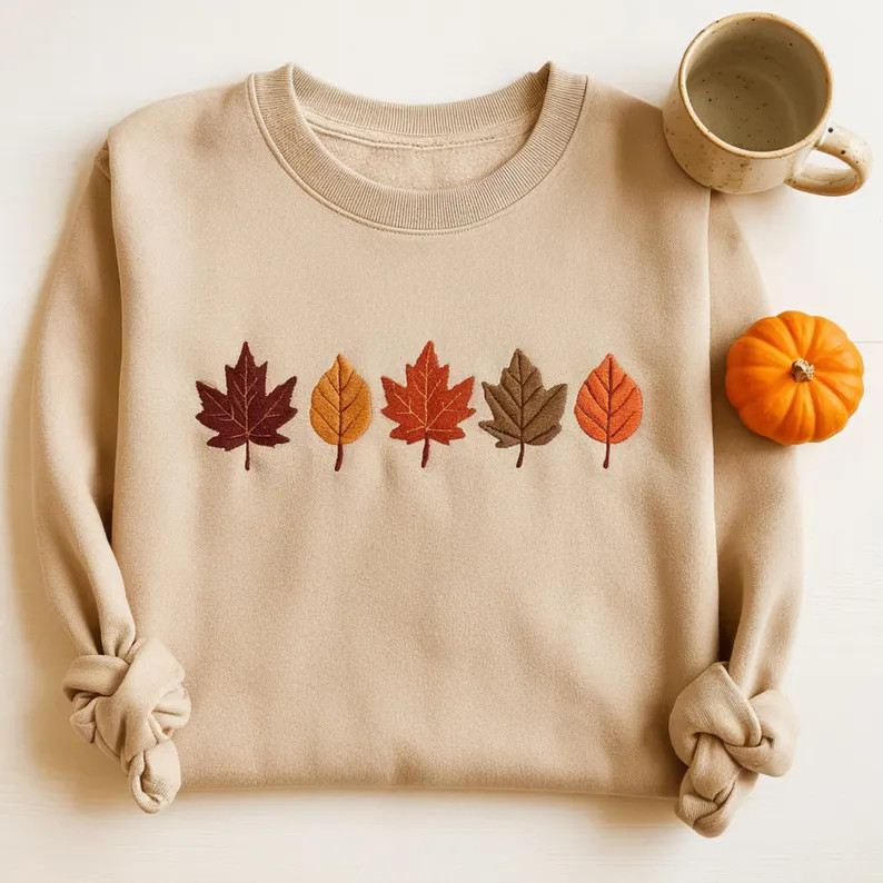 Embroidered Fall Leaves Sweatshirt, Halloween Sweatshirt, Preppy Autumn Shirt, Fall Shirt for Wom... | Etsy (US)