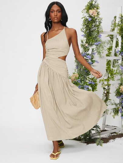 SHEIN X Tarsha Whitmore SHEIN VCAY Criss Cross Lace Up Backless Cut Out Ruched Ruffle Hem Dress | SHEIN