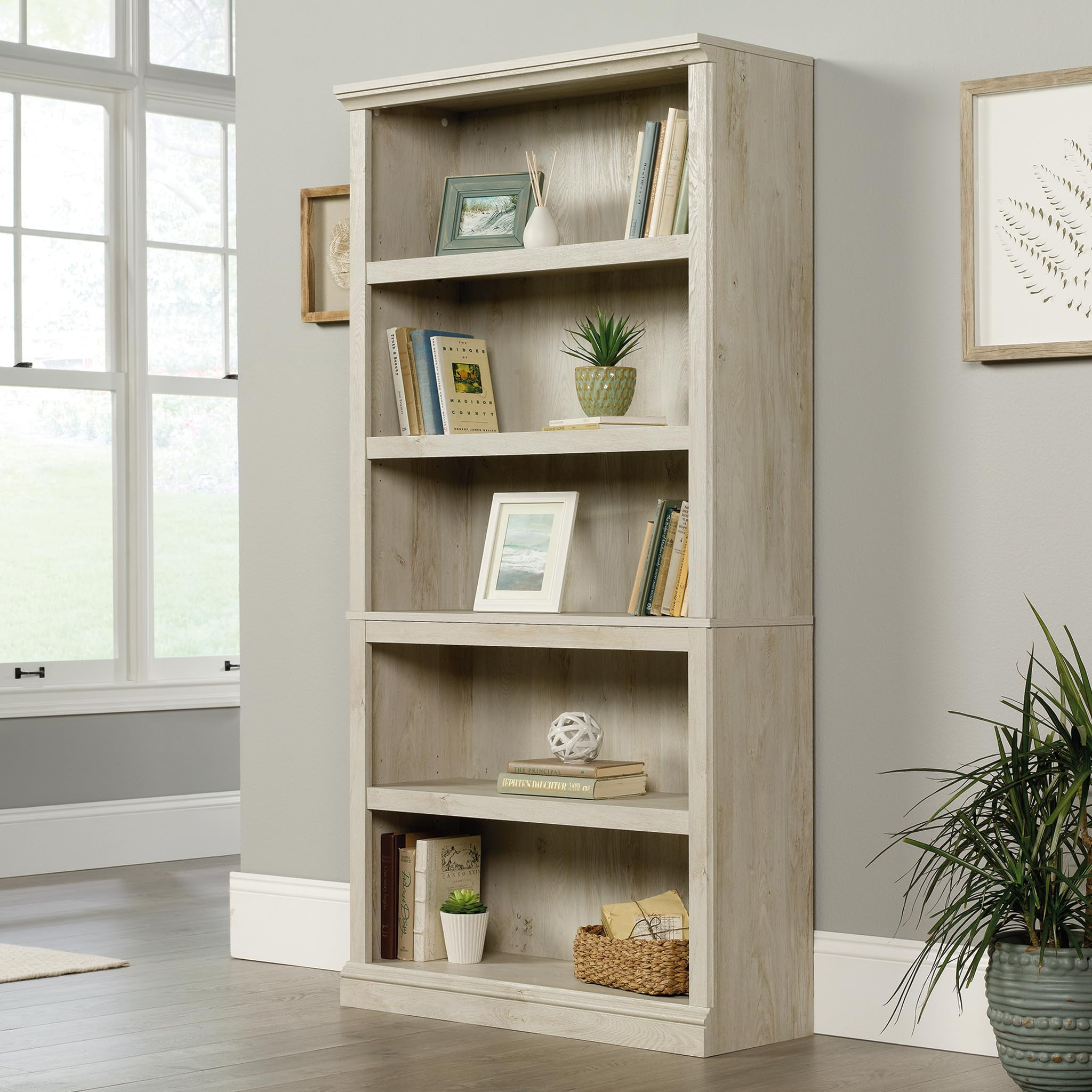Sauder 5 Tier Book Shelf Wooden Bookcase Multipurpose Bookshelf for Home Office, Living Room, in Chalked Chestnut | Amazon (US)