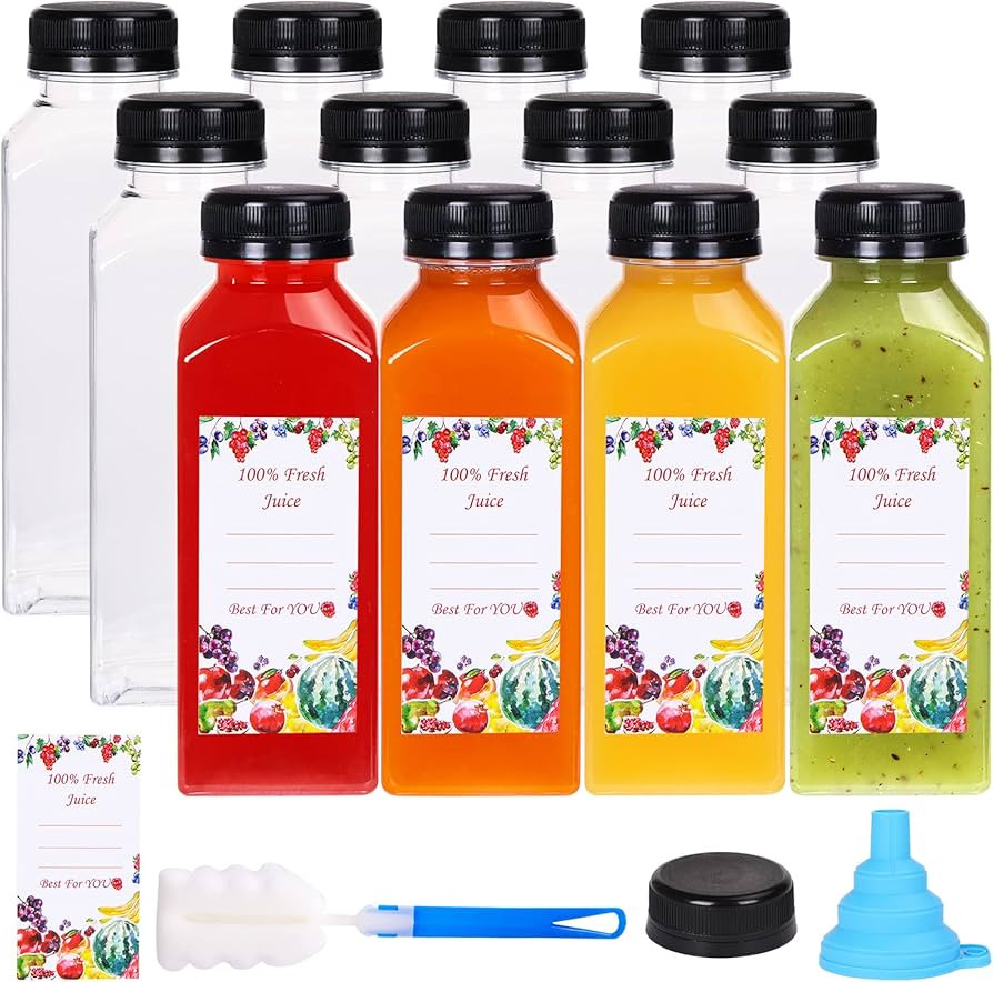 SUPERLELE 12pcs 12oz Empty Plastic Juice Bottles with Caps, Clear Bulk Drink Containers with Blac... | Amazon (US)