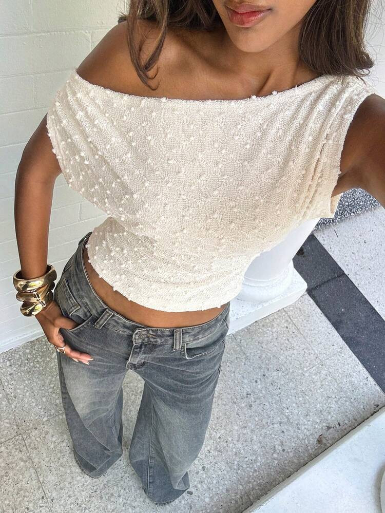 Aloruh Apricot Asymmetrical Shoulder Collar Solid Color Knit T-Shirt White Off Shoulder Top | SHEIN