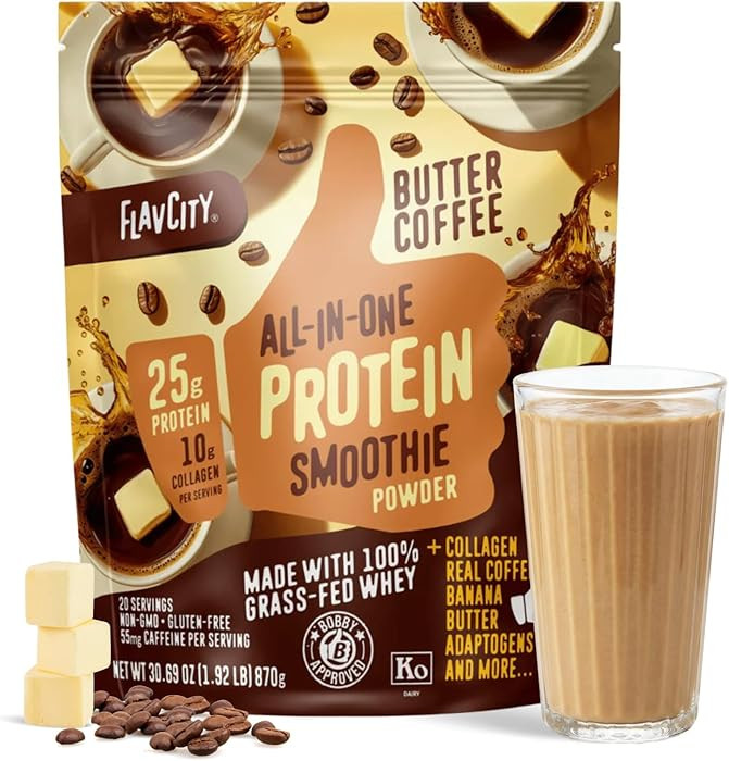 FlavCity All in One Protein Shake Powder, Butter Coffee - 55mg Caffeine + Collagen Peptides, Reis... | Amazon (US)