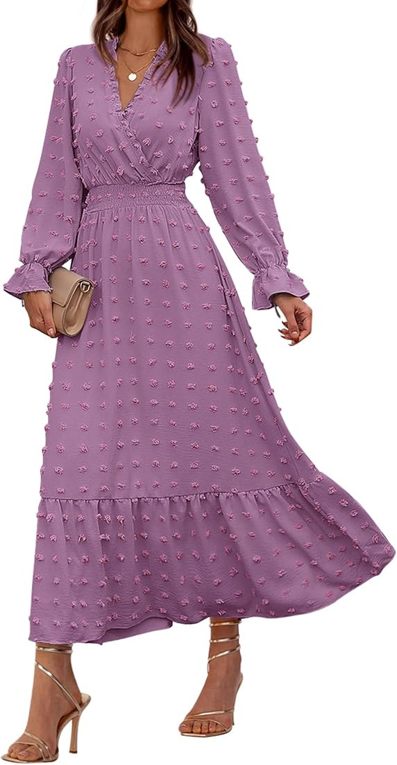 Women Fall Dresses 2023 Long Sleeve V Neck Swiss Dots Maxi Dress Boho Long Dress High Waisted A-L... | Amazon (US)