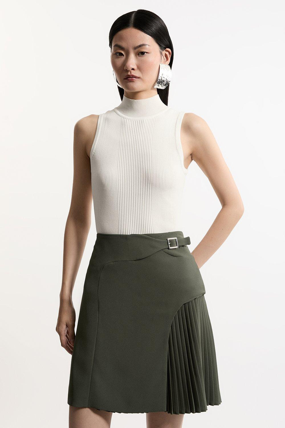 Tailored Buckle Detail Pleated Mini Skirt | Karen Millen US