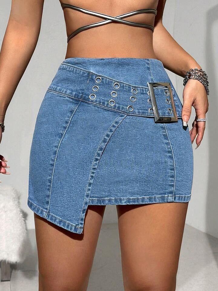 SHEIN ICON Women's Y2k Punk Elastic Bodycon Mini Denim Skirt With Unique Waistband Design | SHEIN