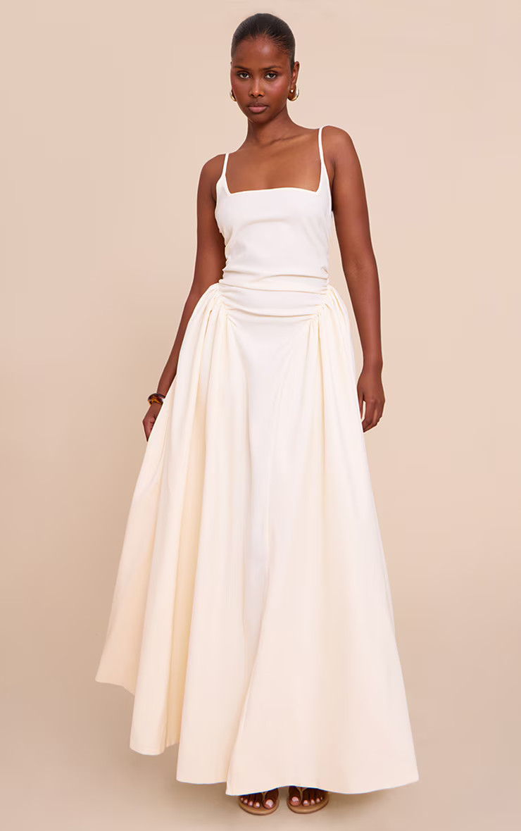 Cream Woven Ruched Strappy Midi Dress | Dresses | PrettyLittleThing US