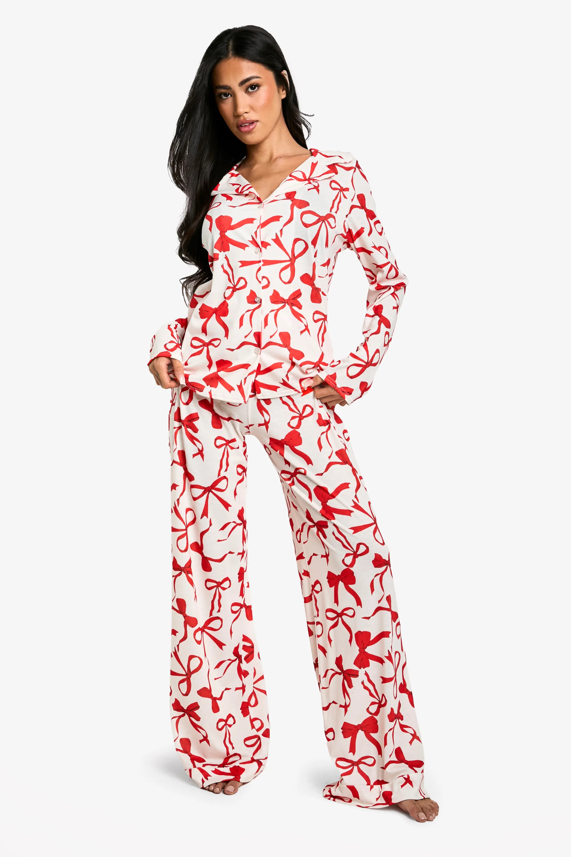 Bow Print Long Sleeve Shirt & Trousers Pyjama Set | Boohoo.com (UK & IE)