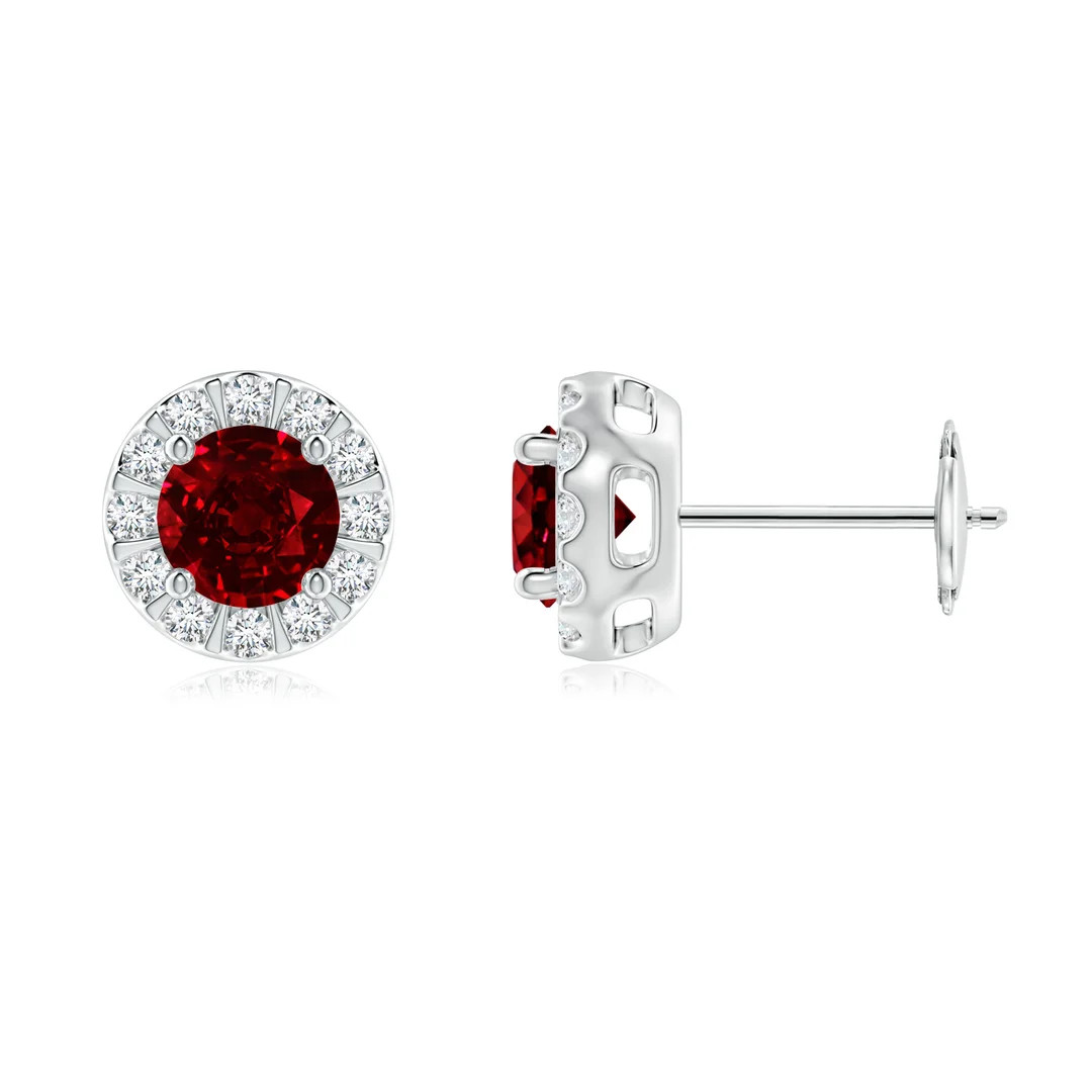 Lab-Grown Ruby Stud Earrings with Bar-Set Diamond Halo | Angara Inc.