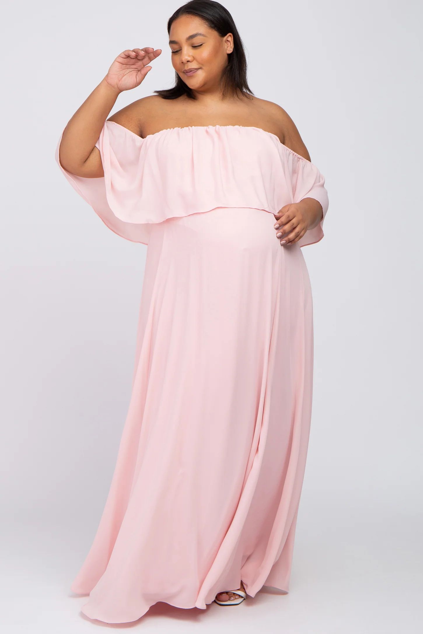 Light Pink Chiffon Off Shoulder Maternity Plus Gown | PinkBlush Maternity