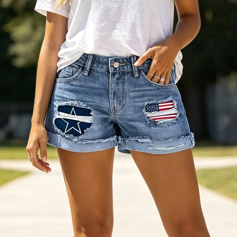 Domzest Women's Patriotic Denim Shorts Mid-High Waisted American Flag Distressed Star Print Rolle... | Walmart (US)