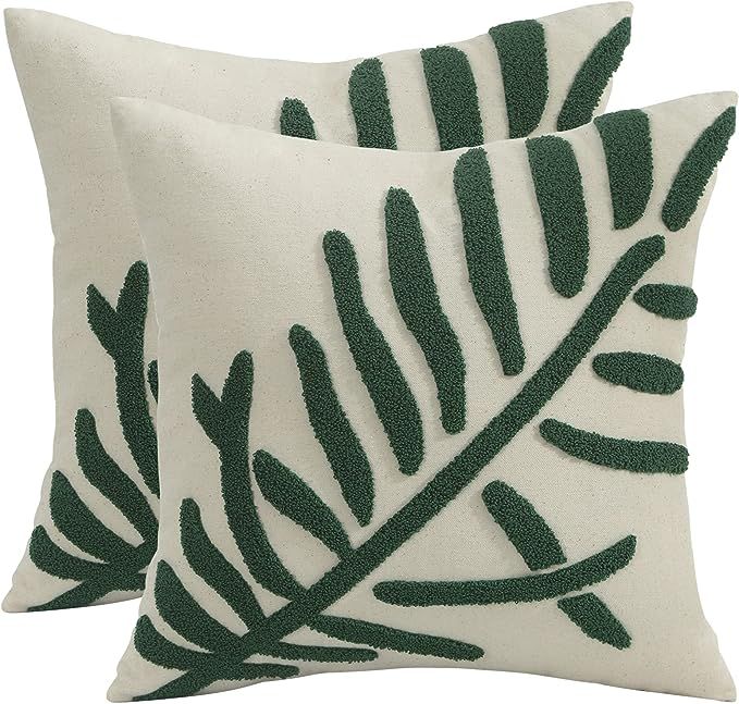Decorative Pillowcases 18x18 inch Pack of 2 Green Tropical Leaf Embroidered Throw Pillow Covers F... | Amazon (US)
