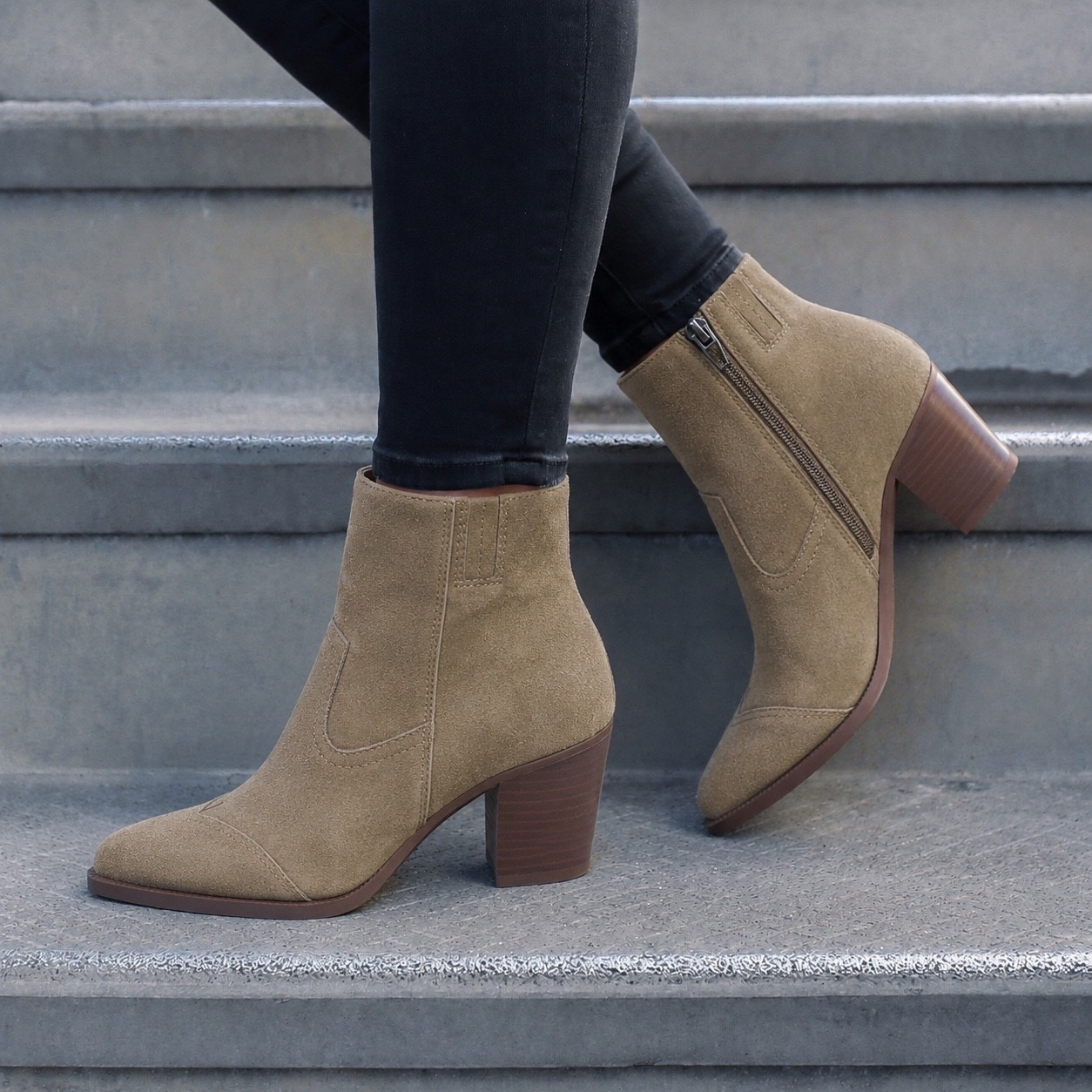 Dolce Vita Salma Bootie in Olive Suede. These are the perfect elevated western booties that instantly make any outfit look chic. They fit true to size with a comfortable stacked heel that’s easy to wear all day