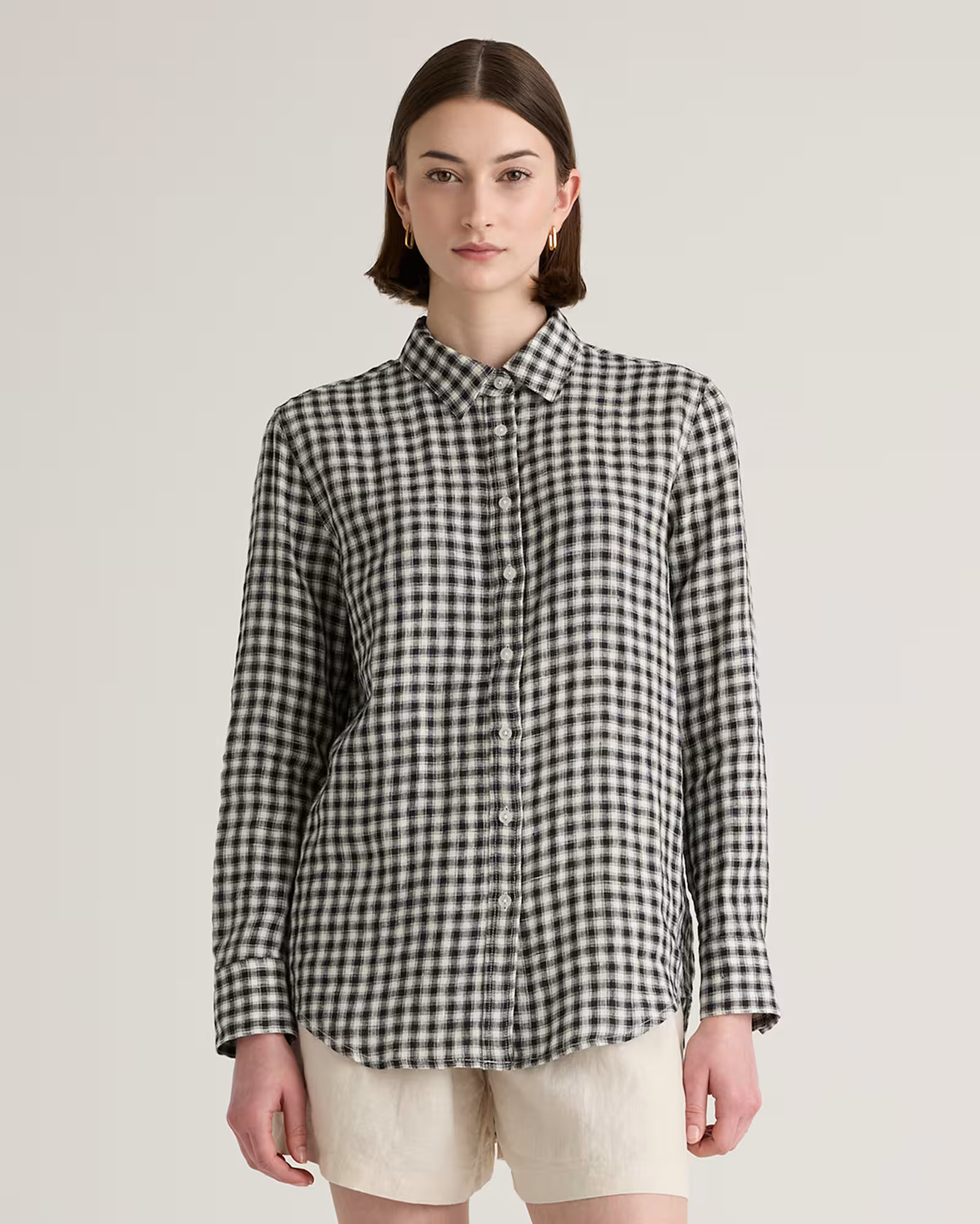 100% European Linen Long Sleeve Shirt in Khaki / Black Gingham | Quince