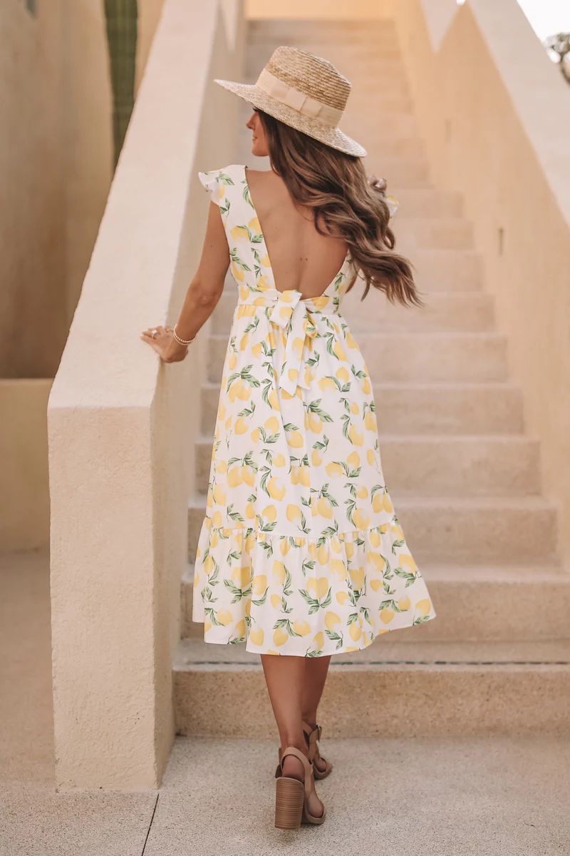 CAITLIN COVINGTON X PINK LILY The Capri Lemon Print Midi Dress | The Pink Lily Boutique