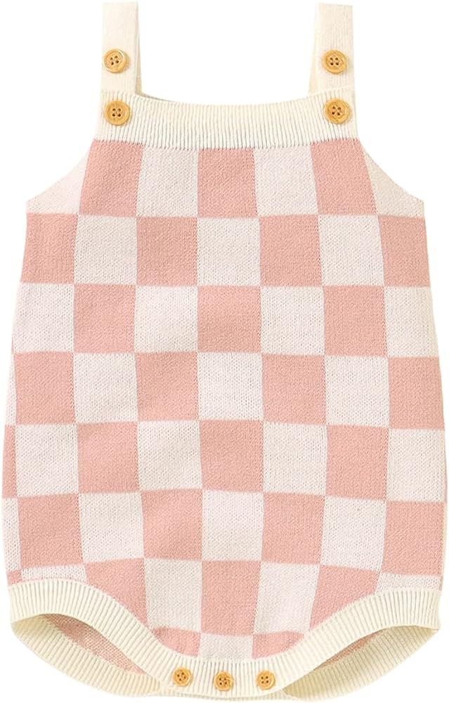 Gueuusu Newborn Baby Girl Summer Clothes Checkerboard Plaid Print Sleeveless Knitted Bodysuit Rom... | Amazon (US)