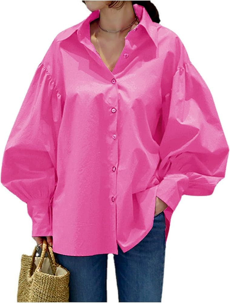 Amazon.com: Women's Collar V Neck Lantern Long Sleeve Blouse Button Dwon Loose Shirt Top Rose Sma... | Amazon (US)