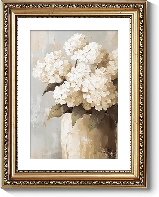 ARPEOTCY Vintage Gold Framed Wall Art Decor, 11x14 Inch Retro White Hydrangeas Prints, Farmhouse ... | Amazon (US)