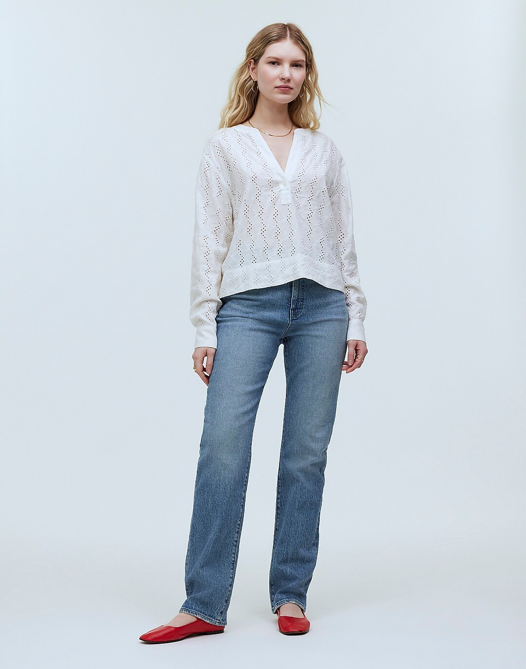 Long-Sleeve Popover Top in Eyelet | Madewell
