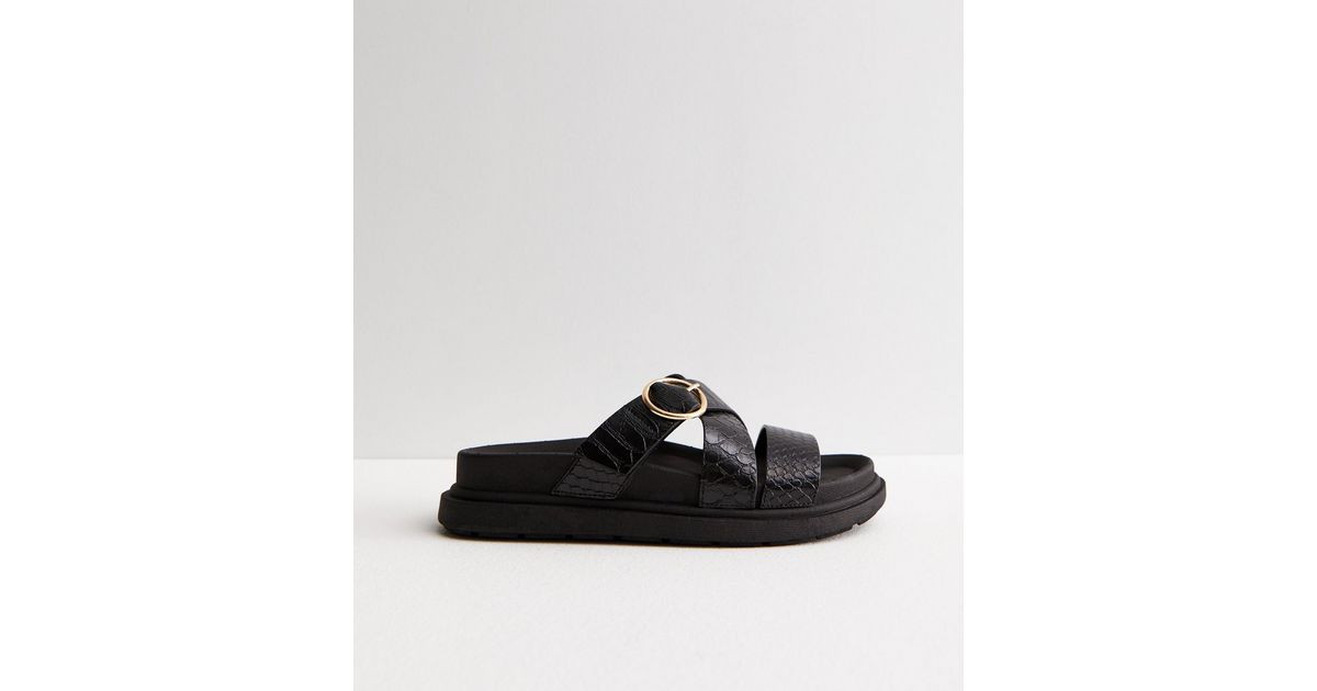 Black Faux Croc Buckle Chunky Sliders | New Look | New Look (UK)