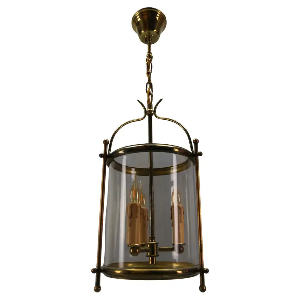 French Neoclassical Style Brass and Clear Glass Round Hanging Lantern, ca. 1950s | 1stDibs
