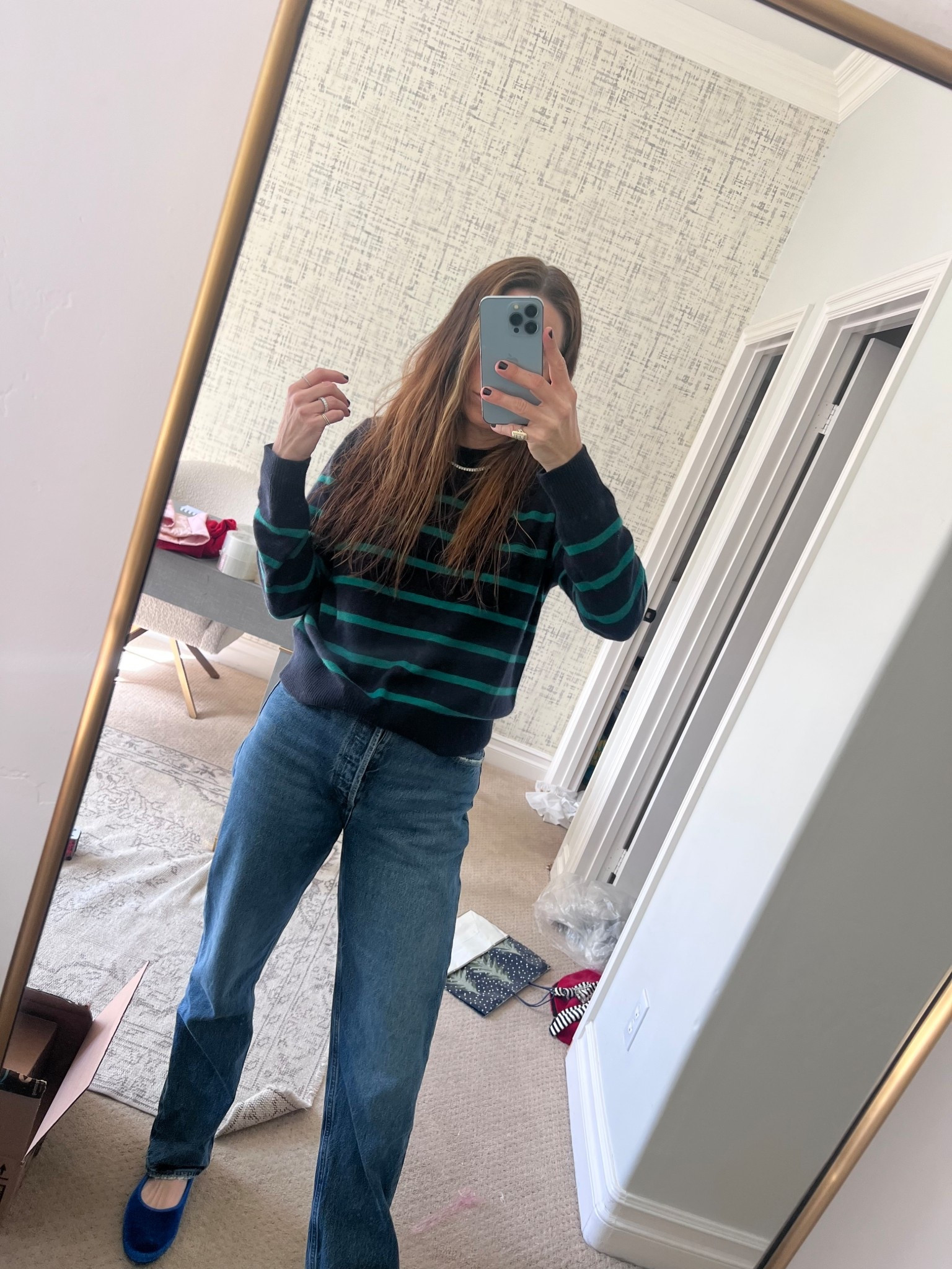 Cashmere sweater, striped cashmere, tennis necklace, 90s jeans, velvet flats, Mary Jane flats, mom style, cool girl style, cool girl aesthetic 

#LTKWorkwear #LTKValentine #LTKOver40