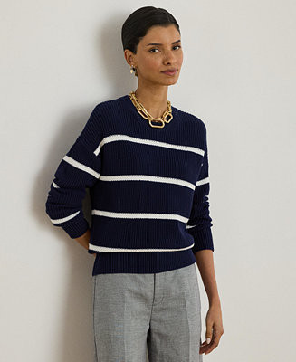 Women's Striped Rib-Knit Cotton Crew Neck Sweater | Macy's