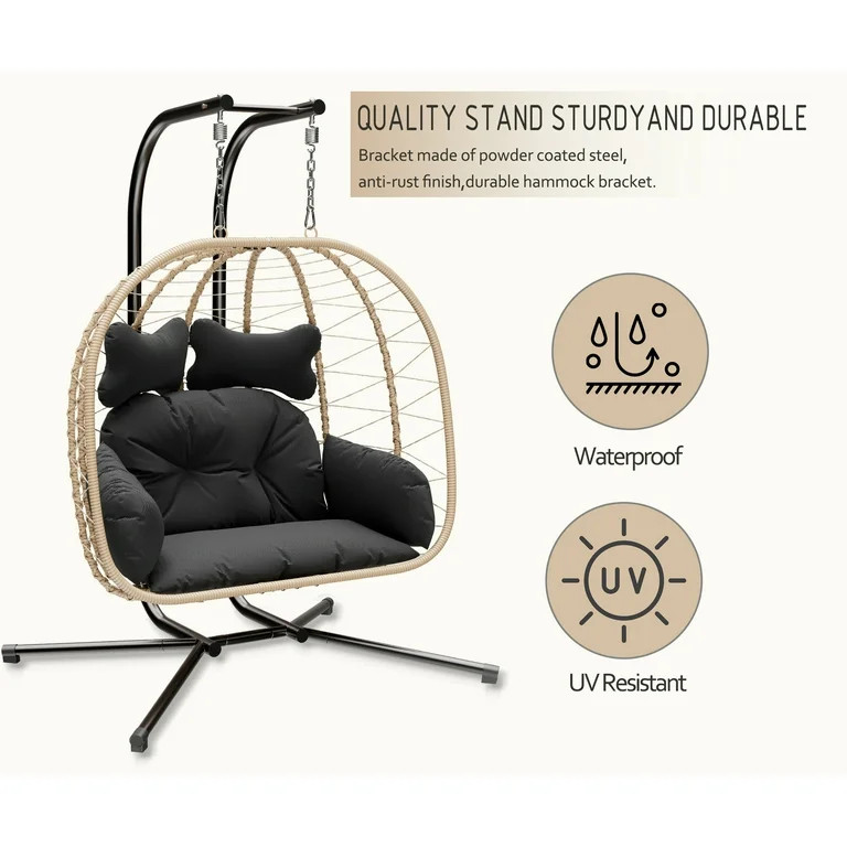 Esmlada Double Wicker Swing Egg Chair Hammock Foldable Hanging Loveseat with Stand, UV Resistant ... | Walmart (US)