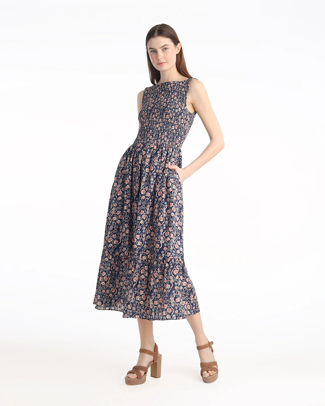 Wren Sleeveless Smocked Midi Dress in Twilight Vines | Draper James (US)