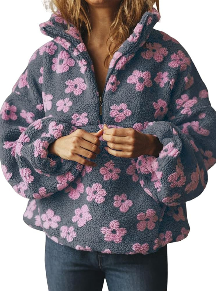 chouyatou Women's Fall Cute Floral Faux Fur Pullover Fleece Sweatshirt Y2k Casual Zip Up Winter S... | Amazon (US)