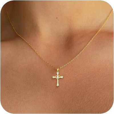 Heart Cross Pendant Necklace 14K Gold Plated Minimalist Religious Jewelry Diamond Studded Cross-GD | Target