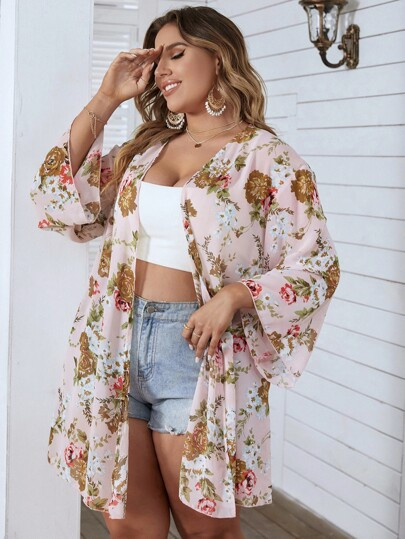 Plus Floral Print Open Front Kimono | SHEIN
