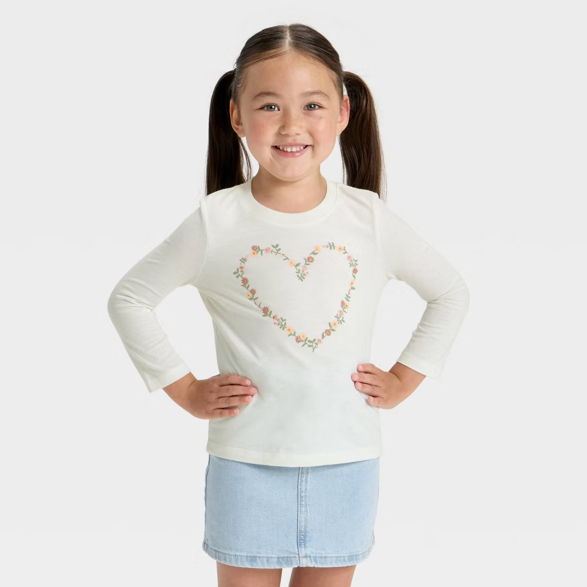 Toddler Girls' Long Sleeve Floral Heart Graphic Shirt - Cat & Jack™ Cream 12M | Target