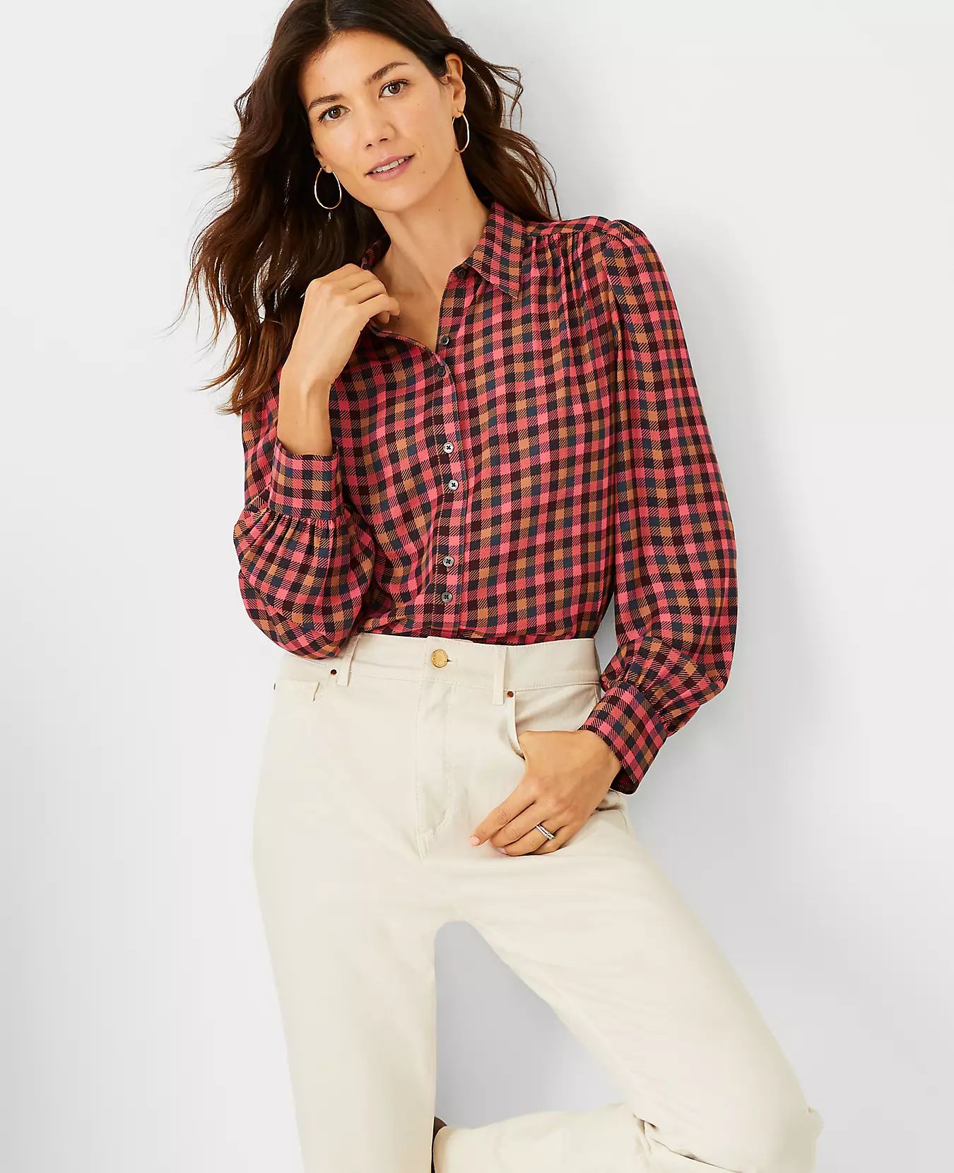 Petite Checked Shirred Blouse | Ann Taylor (US)