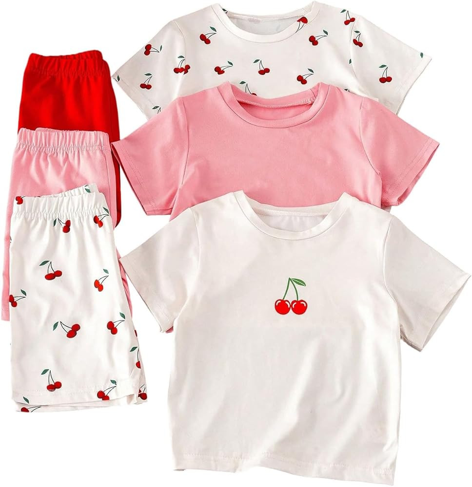 OYOANGLE Toddler Girl's Summer Clothes Set 3 Pack Short Sleeve Tshirt and Shorts Cherry Print Out... | Amazon (US)