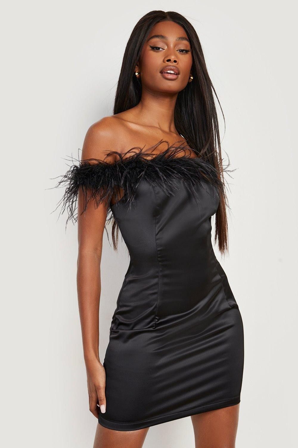 Womens Satin Feather Mini Dress - Black - 10 | Boohoo.com (US & CA)