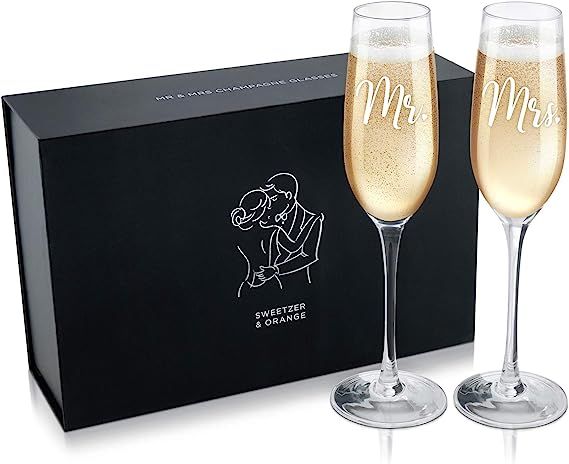 Sweetzer & Orange Bride and Groom Champagne Glasses (8 oz) Engraved Mr and Mrs Glasses for Weddin... | Amazon (US)