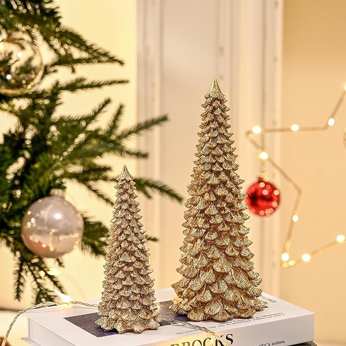 Gold Christmas Tree Figurines, 2Pcs Resin Glitter Christmas Tree for Tabletop Decoration, Small C... | Amazon (US)