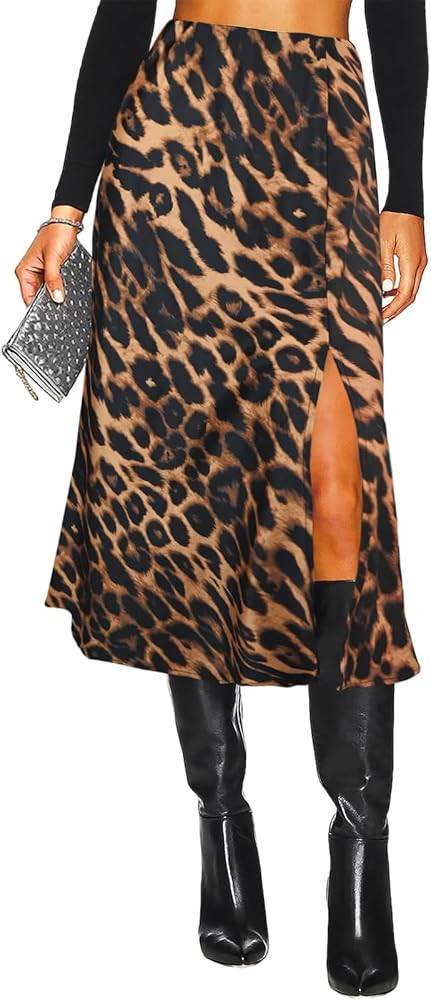 Women's Side Slit A Line Satin Midi Skirt Elastic High Waisted Cheetah Leopard Print Silk Long Sk... | Amazon (US)